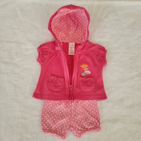 CARTER'S ♡ 2pc Pink Floral Short Sleeve Zip Front Hoodie w/Polka Dot Shorts NB - Picture 9 of 17